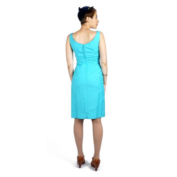 Vintage 1960s Aqua Blue Wiggle Dress Lattice Illusion Bodice Lilli Diamond | S - Picture 3 of 6